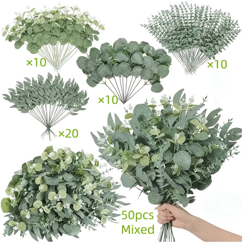 50PCS Artificial Flowers Bouquets Mixed Eucalyptus Leaves Willow Silver Eucalyptus Cuttings for Wedding Floral DIY Home Decor