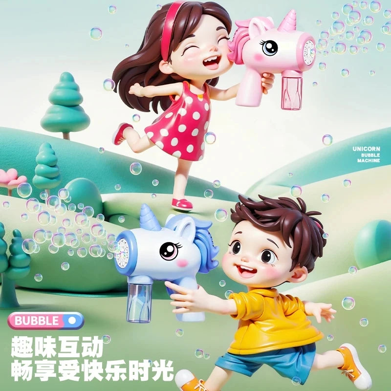 Unicorn electric bubble gun, toy bubble machine, automatic soap blower with lights, summer outdoor party games, children's gifts