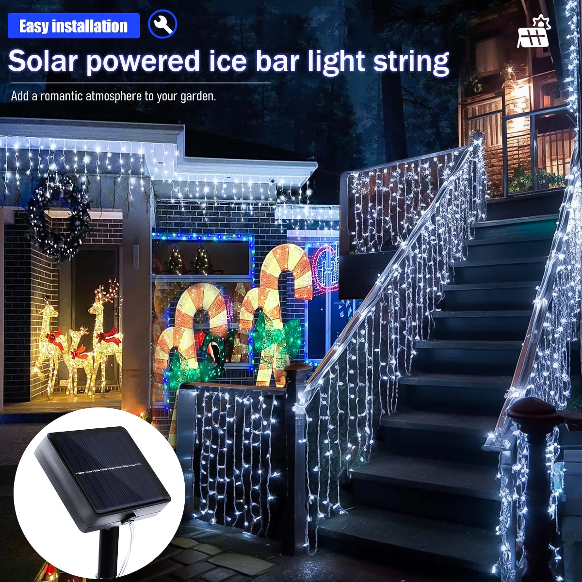 Solar LED Eaves Icicle String Lights 8 Lighting Modes Outdoor Waterproof Christmas Decorations Fairy Lights for Yard Garden
