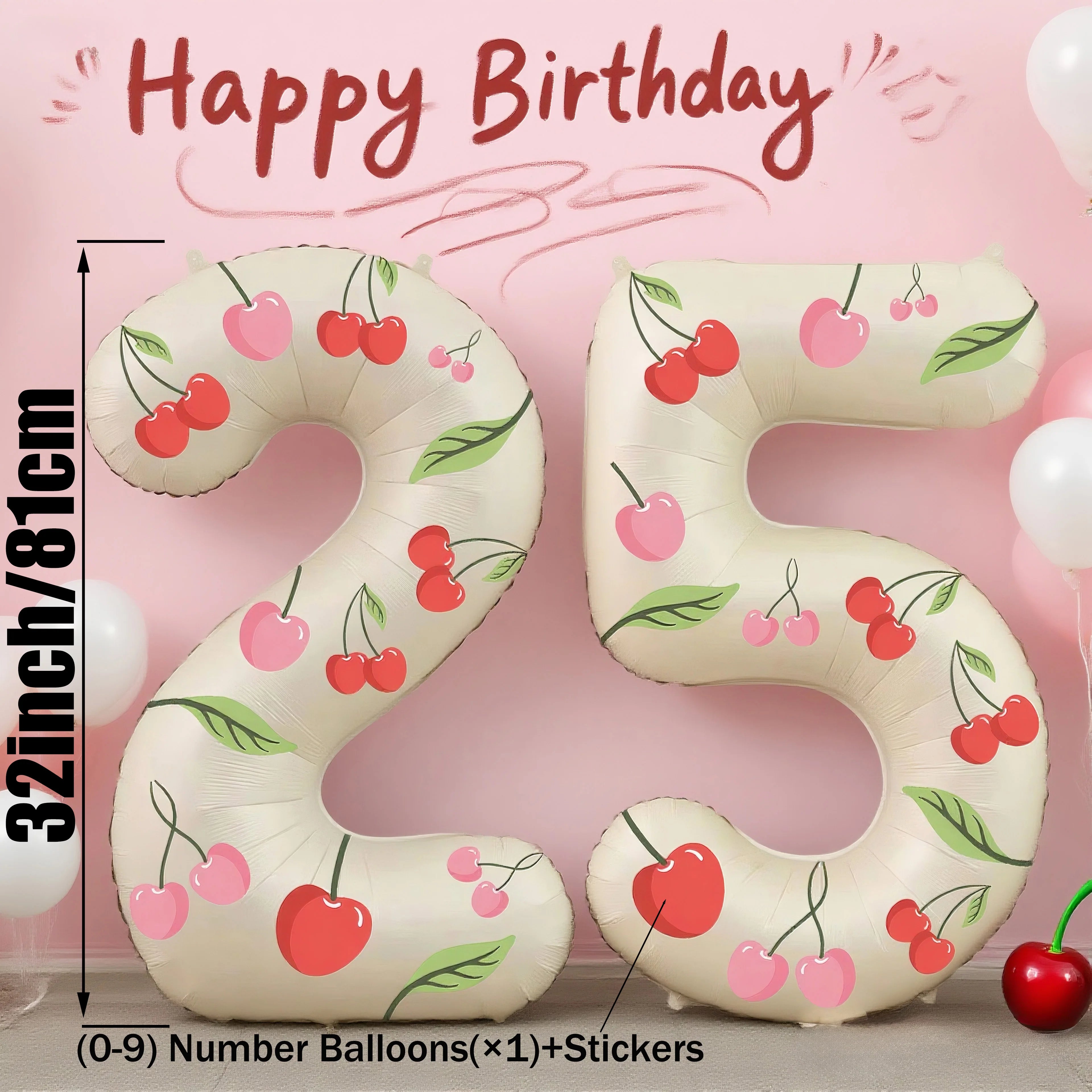 32in Foil Number Balloons with Cherry Stickers, 0-9 for Wedding Birthday Party Home Decor, Graduation/Halloween/Bachelorette