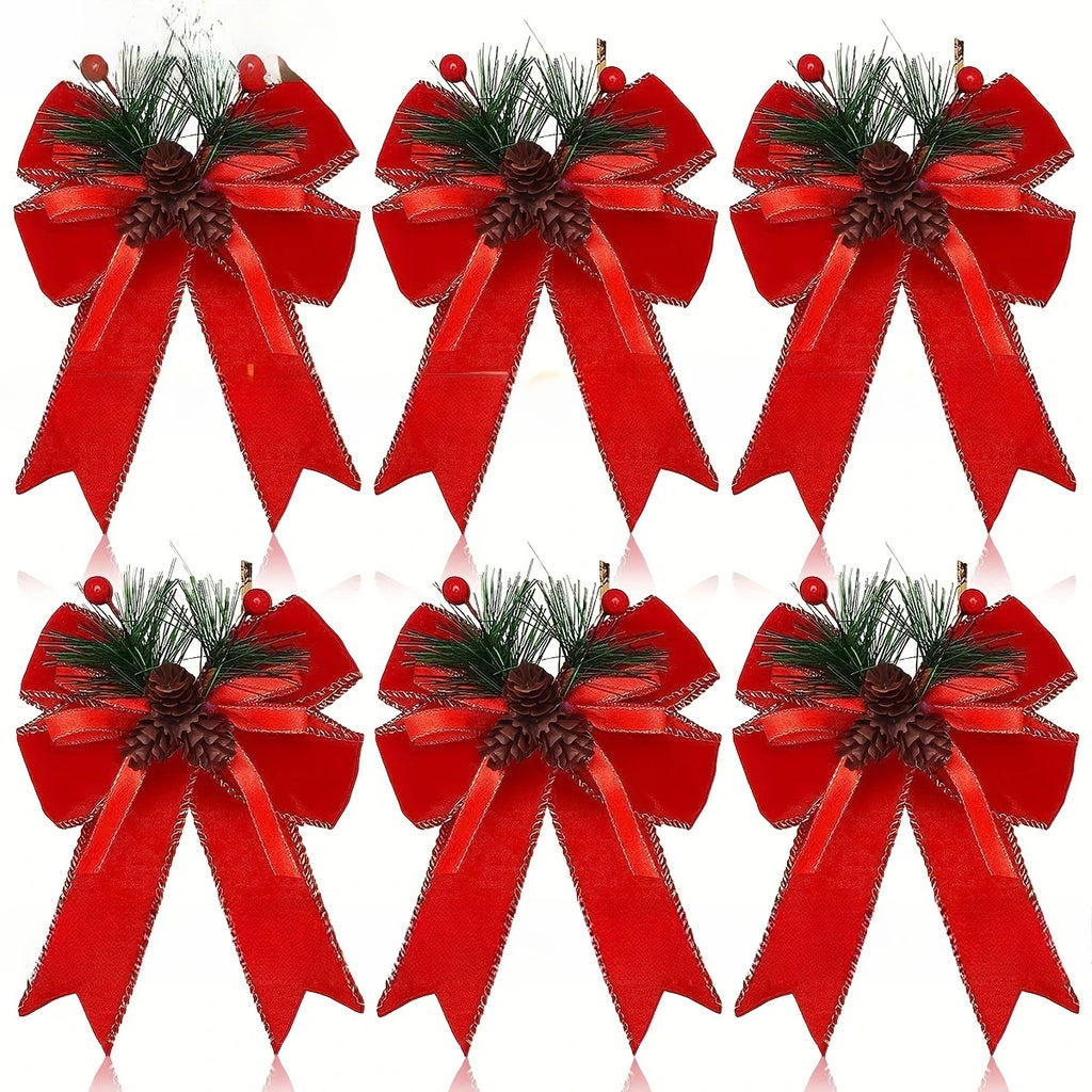 6-piece Set of Holiday Red Ribbon Bow with Pine Cones - Perfect for Christmas Trees and Holiday Decorations