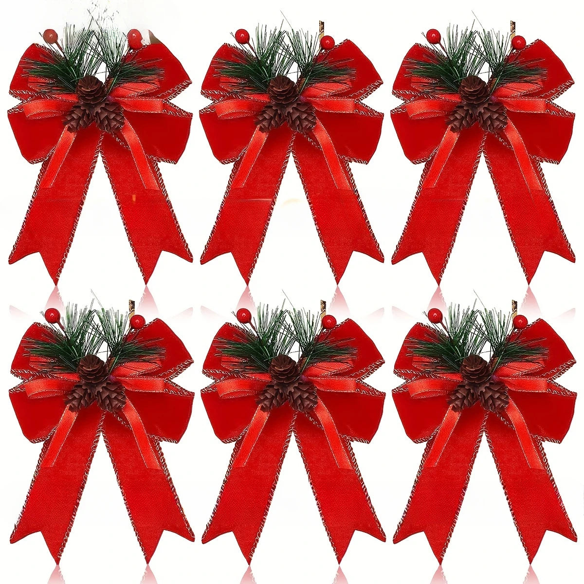 6-piece Set of Holiday Red Ribbon Bow with Pine Cones - Perfect for Christmas Trees and Holiday Decorations