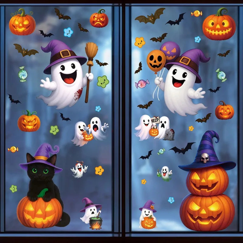 Halloween Pumpkin Window Stickers Cartoon Candy Jack-o'-lantern Static Sticker Black Cat Ghost Festival Happy Halloween Day 2025