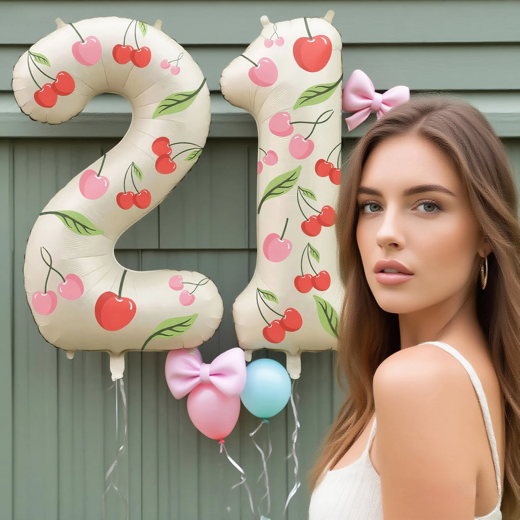 32in Foil Number Balloons with Cherry Stickers, 0-9 for Wedding Birthday Party Home Decor, Graduation/Halloween/Bachelorette