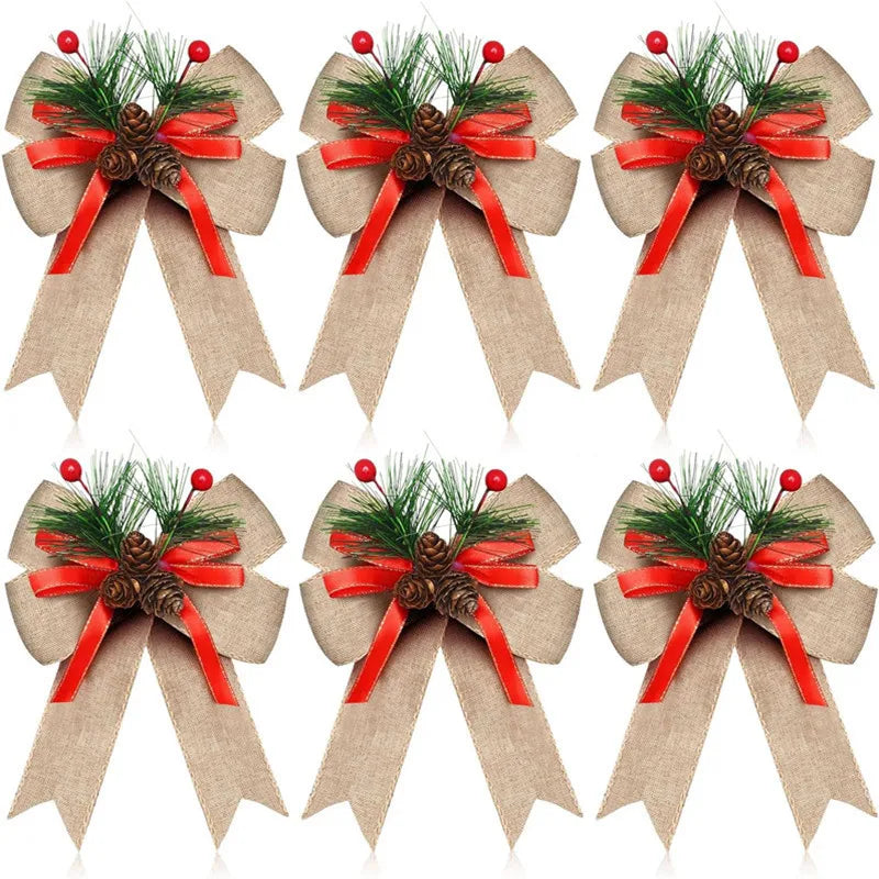 6-piece Set of Holiday Red Ribbon Bow with Pine Cones - Perfect for Christmas Trees and Holiday Decorations