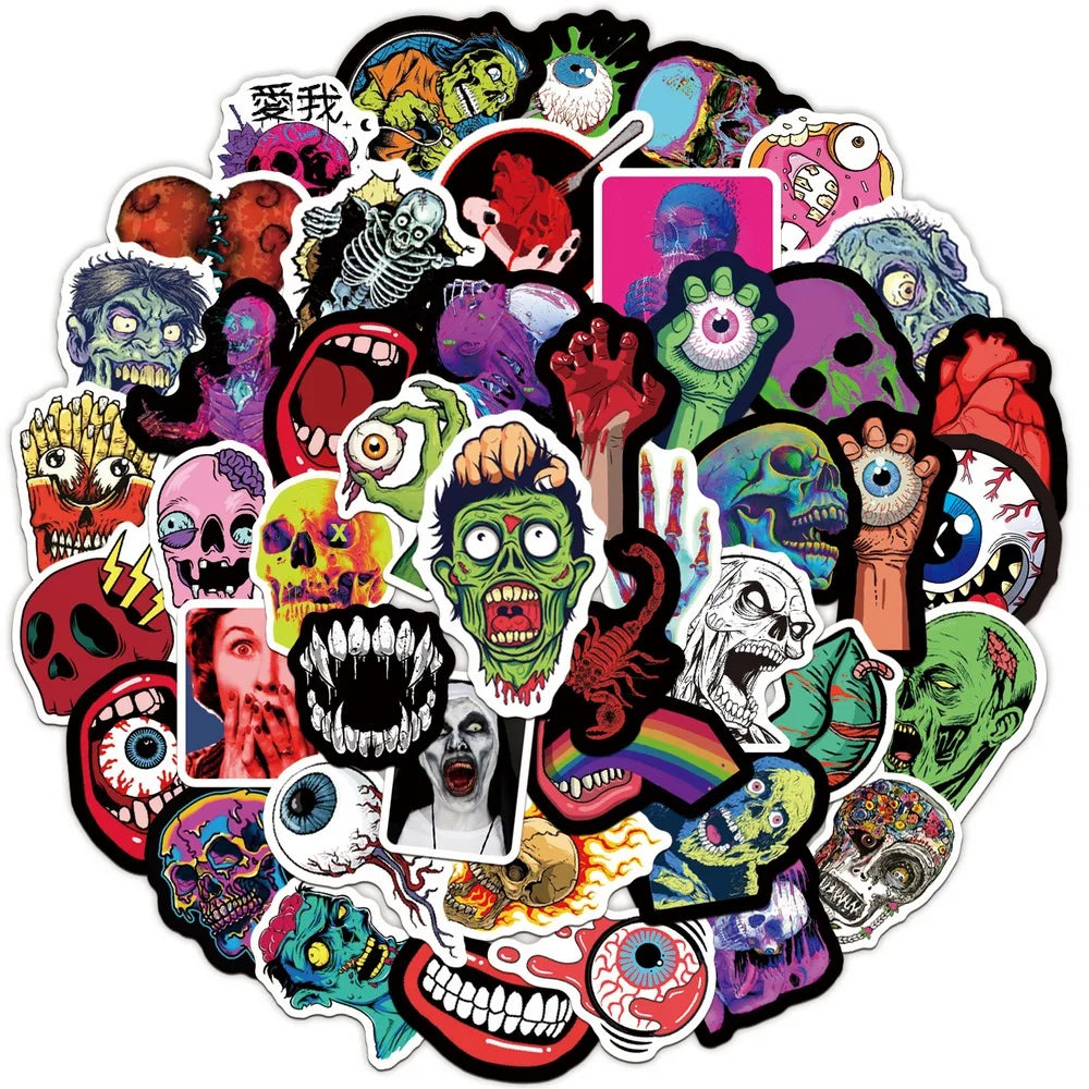 50pcs Horror Skull Ghost Stickers Notebook Fridge Guitar Laptop Car Bike Halloween Home Decal Zombie Monster Sticker Waterproof