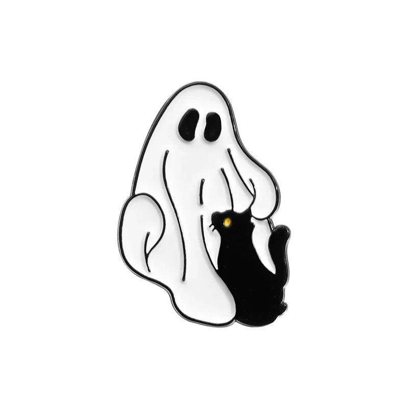 Cartoon Sunglasses Ghost Collected Enamel Pin Funny Spooky Boo With Black Cat Brooch Clothes Lapel Badge Halloween Jewelry Gifts