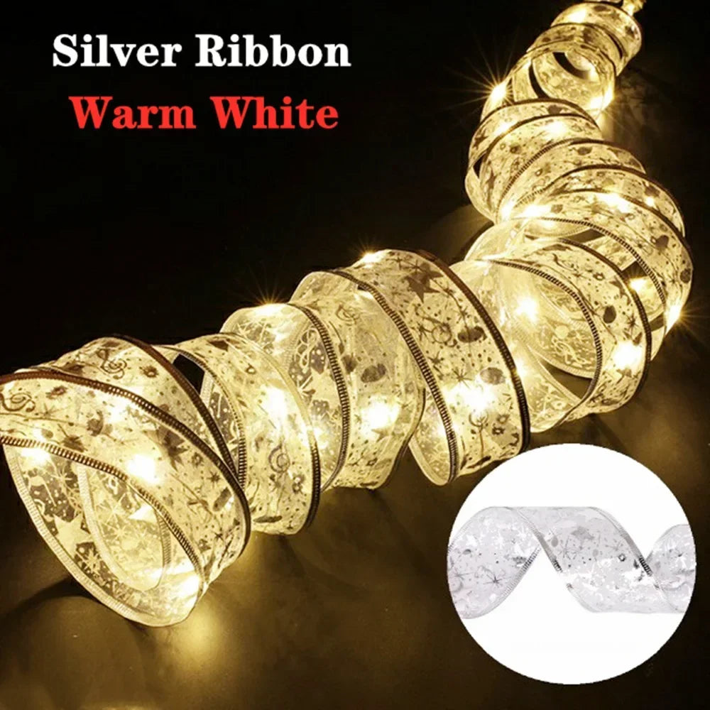 1/2/5/10M Christmas Tree Ribbon Fairy Lights, Indoor DIY Bows String Light Battery Powered for Christmas Tree New Year Decor