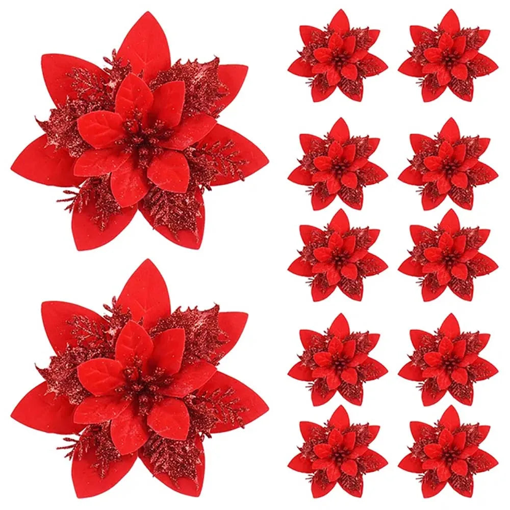 Glitter Artificial Flowers for Christmas Tree, Christmas Ornaments,Pink,Red,Gold, Xmas Decoration for Home, 14.5cm