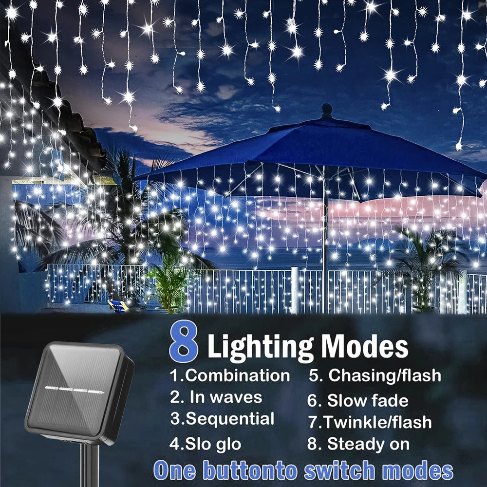 Solar LED Eaves Icicle String Lights 8 Lighting Modes Outdoor Waterproof Christmas Decorations Fairy Lights for Yard Garden