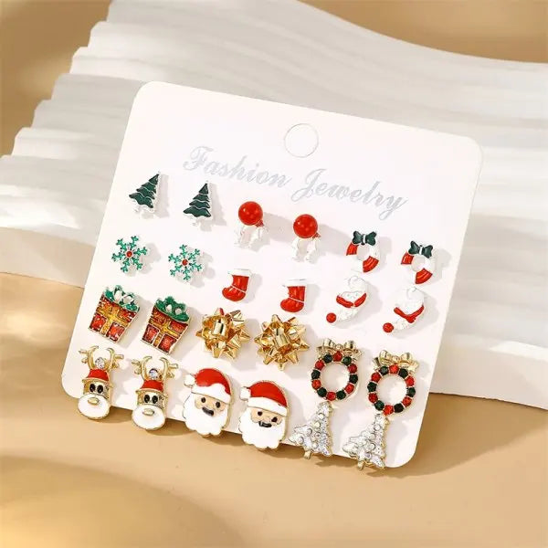 12/20 Pair Christmas Earring Set For Women Shiny Crystal Zircon Snowflake Elk Bowknot Elk Xmas Tree Earring Girl New Year Gifts