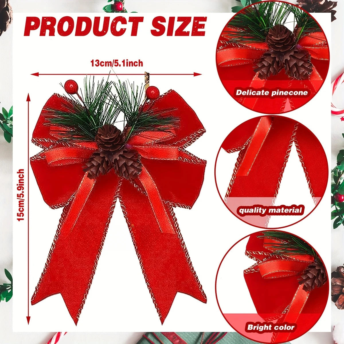 6-piece Set of Holiday Red Ribbon Bow with Pine Cones - Perfect for Christmas Trees and Holiday Decorations
