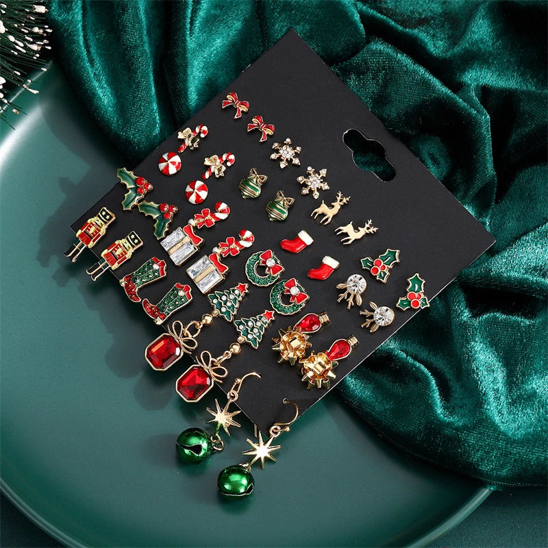 12/20 Pair Christmas Earring Set For Women Shiny Crystal Zircon Snowflake Elk Bowknot Elk Xmas Tree Earring Girl New Year Gifts