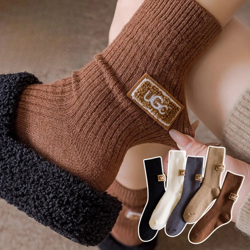 1-10Pairs Winter Thick Warm Padded Socks Solid Color Mid Calf Socks Women’s Casual Embroidered Logo Pile Socks Cold Weather Wear
