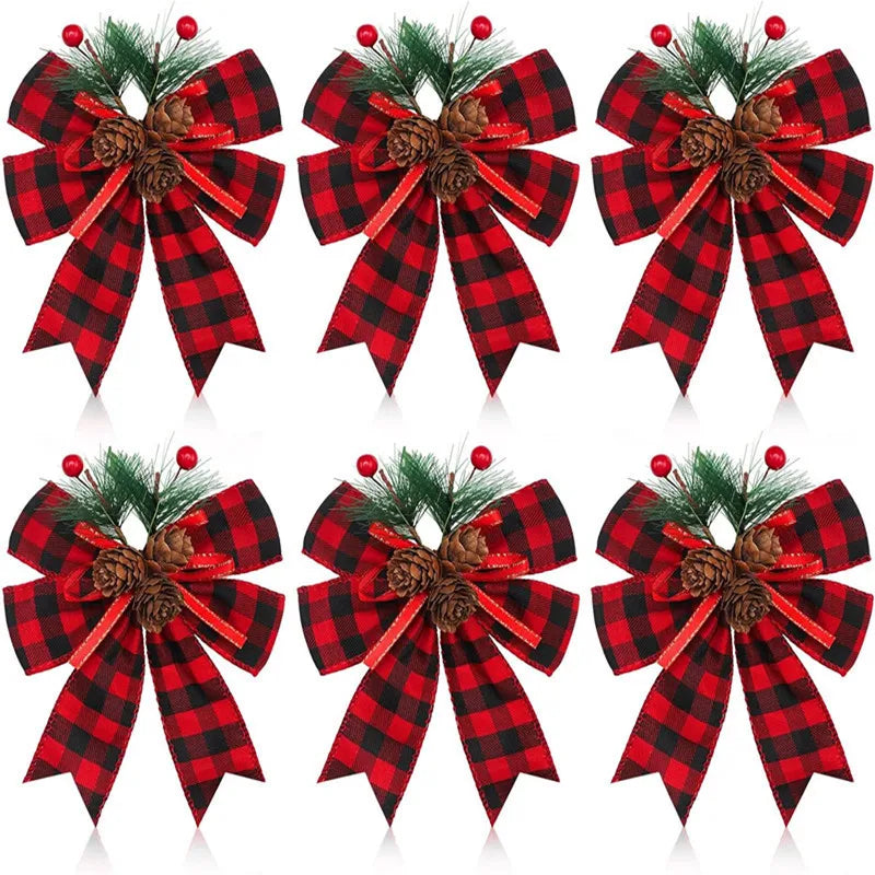 6-piece Set of Holiday Red Ribbon Bow with Pine Cones - Perfect for Christmas Trees and Holiday Decorations