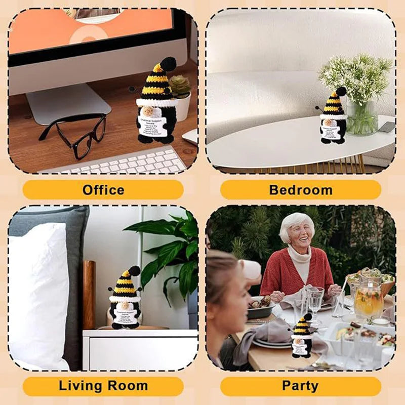 Crochet Dwarf Bee Doll Ornament Home Room Decoration Handmade Knitted Positive Energy Dwarf Bee Doll With Card Christmas Gifts