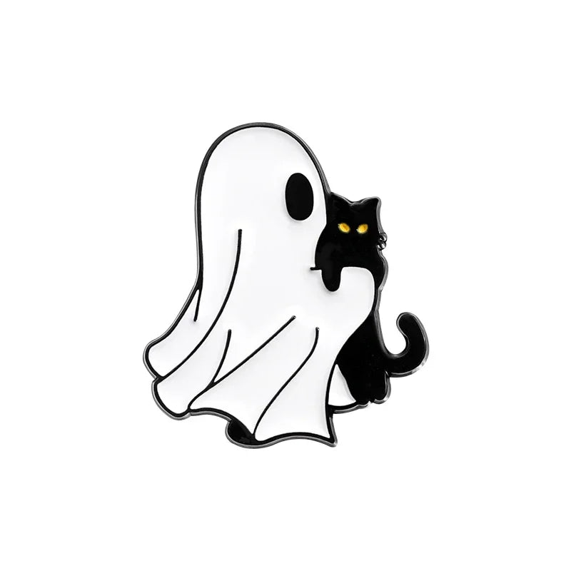 Cartoon Sunglasses Ghost Collected Enamel Pin Funny Spooky Boo With Black Cat Brooch Clothes Lapel Badge Halloween Jewelry Gifts