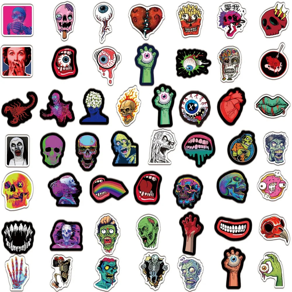 50pcs Horror Skull Ghost Stickers Notebook Fridge Guitar Laptop Car Bike Halloween Home Decal Zombie Monster Sticker Waterproof