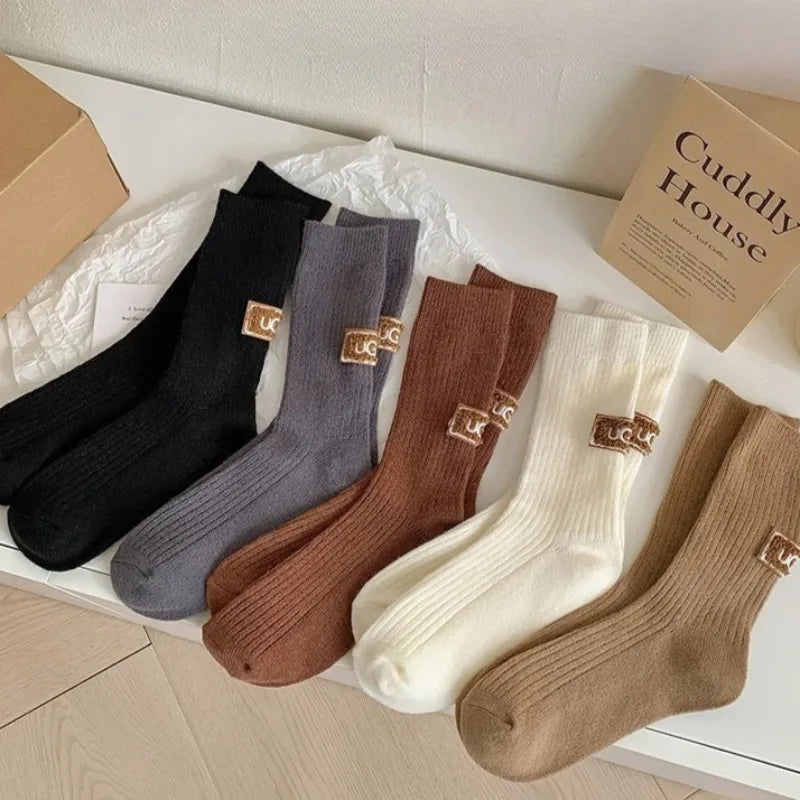1-10Pairs Winter Thick Warm Padded Socks Solid Color Mid Calf Socks Women’s Casual Embroidered Logo Pile Socks Cold Weather Wear