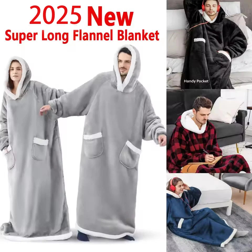 150cm Super Long Flannel Blanket Cold-proof Nightgown Pyjamas Sleeves Winter Hoodies Sweatshirt Women Men Pullover Fleece Giant