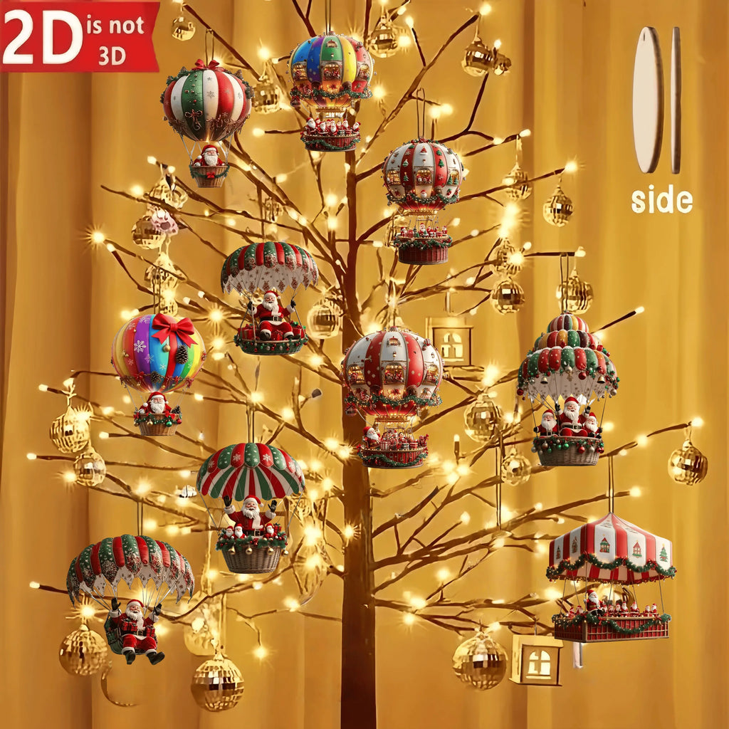 10Pcs Christmas Wooden Hot Air Balloon Santa Claus 2D Flat Wooden Pendant Christmas Tree Decoration Perfect Holiday Gift Decor