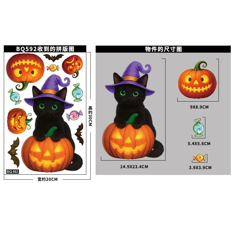 Halloween Pumpkin Window Stickers Cartoon Candy Jack-o'-lantern Static Sticker Black Cat Ghost Festival Happy Halloween Day 2025