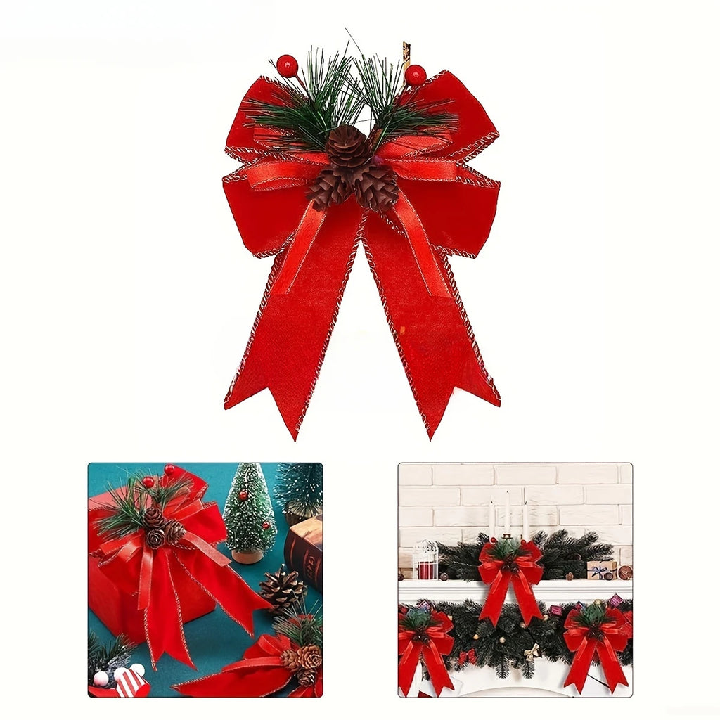 6-piece Set of Holiday Red Ribbon Bow with Pine Cones - Perfect for Christmas Trees and Holiday Decorations