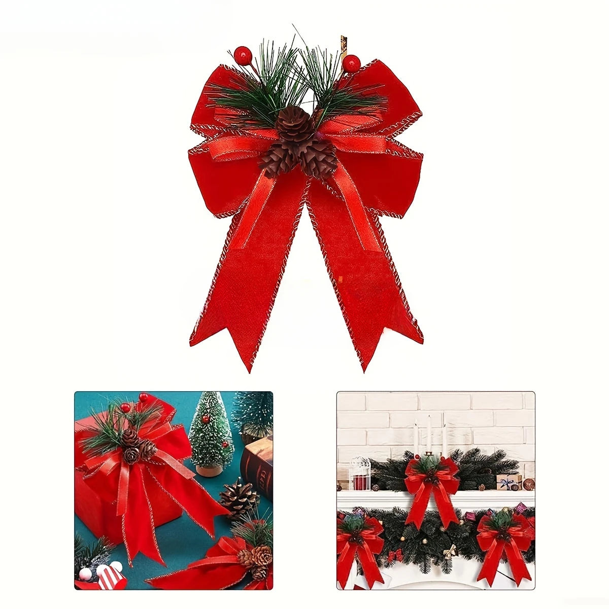 6-piece Set of Holiday Red Ribbon Bow with Pine Cones - Perfect for Christmas Trees and Holiday Decorations