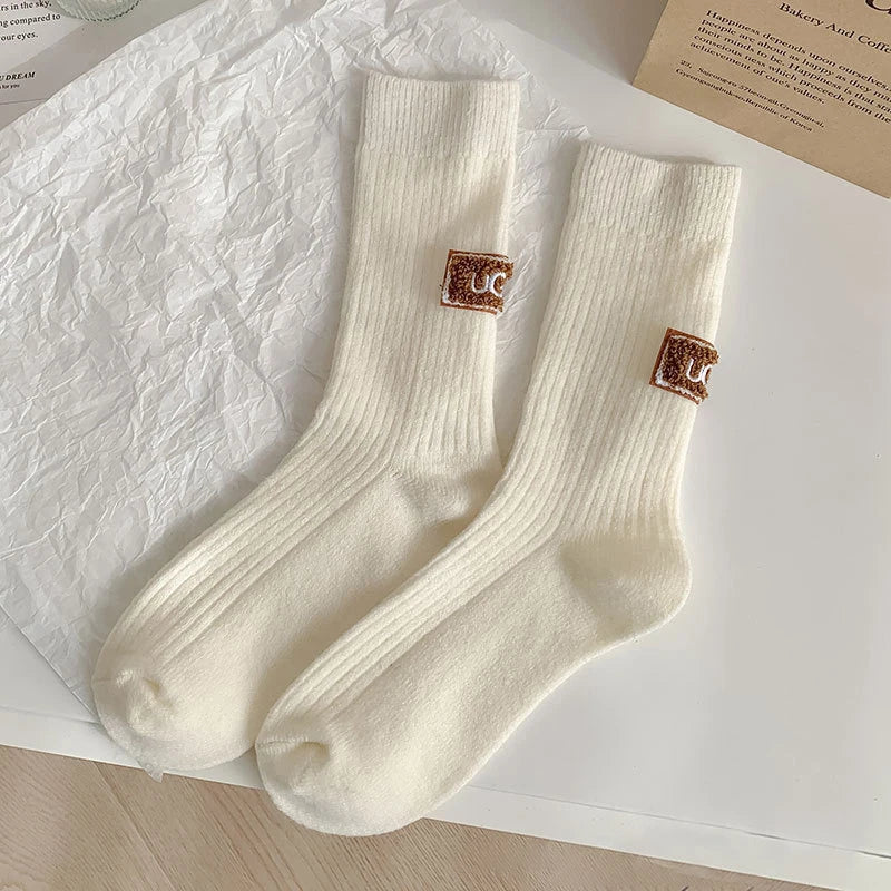 1-10Pairs Winter Thick Warm Padded Socks Solid Color Mid Calf Socks Women’s Casual Embroidered Logo Pile Socks Cold Weather Wear
