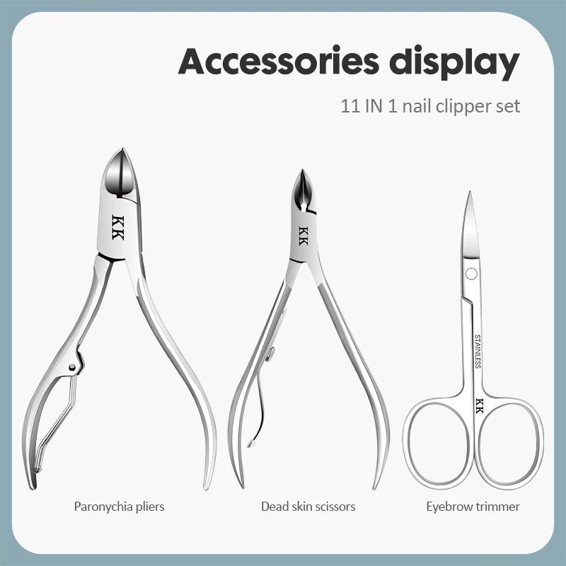 KK 11 in 1 Manicure Tools Professional Nail Clippers Set Stainless Steel Nail Cutter Pliers Scissors Kit Foot Care Hand Care