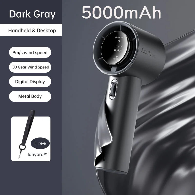 JISULIFE Mini Portable Hand Fan, 100 Wind Speeds, 5000mAh USB Battery Rechargeable, LED Digital Display, Travel,Camping,Outdoor