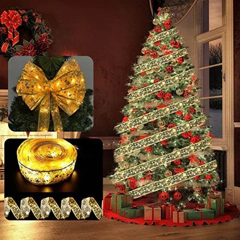 1/2/5/10M Christmas Tree Ribbon Fairy Lights, Indoor DIY Bows String Light Battery Powered for Christmas Tree New Year Decor