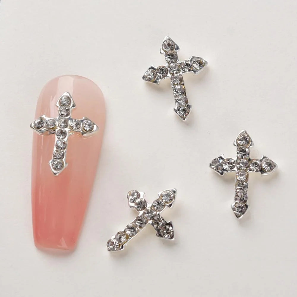 10Pcs/lot 3D Cross Alloy Nail Art Charms Silver/Black/Pink Rhinestone Christmas Halloween Diamond Jewelry Retro Punk Nail Parts