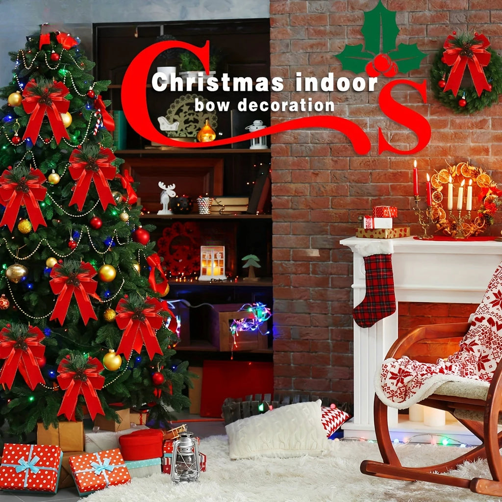 6-piece Set of Holiday Red Ribbon Bow with Pine Cones - Perfect for Christmas Trees and Holiday Decorations