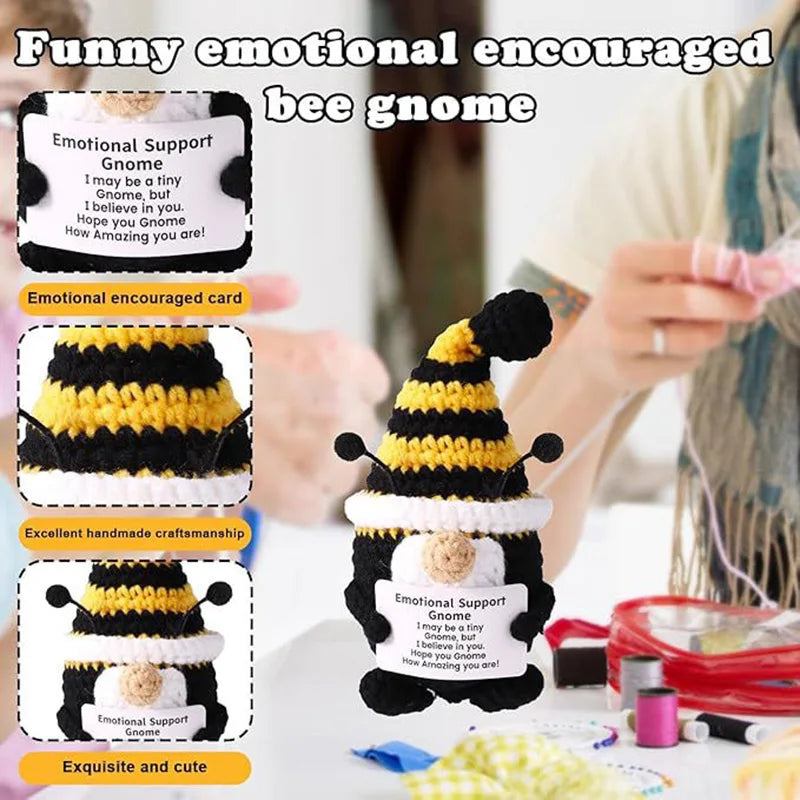 Crochet Dwarf Bee Doll Ornament Home Room Decoration Handmade Knitted Positive Energy Dwarf Bee Doll With Card Christmas Gifts
