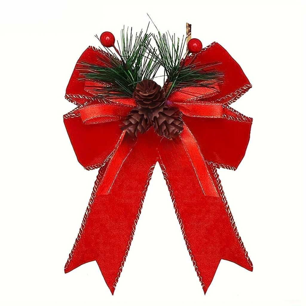 6-piece Set of Holiday Red Ribbon Bow with Pine Cones - Perfect for Christmas Trees and Holiday Decorations