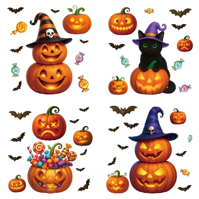 Halloween Pumpkin Window Stickers Cartoon Candy Jack-o'-lantern Static Sticker Black Cat Ghost Festival Happy Halloween Day 2025