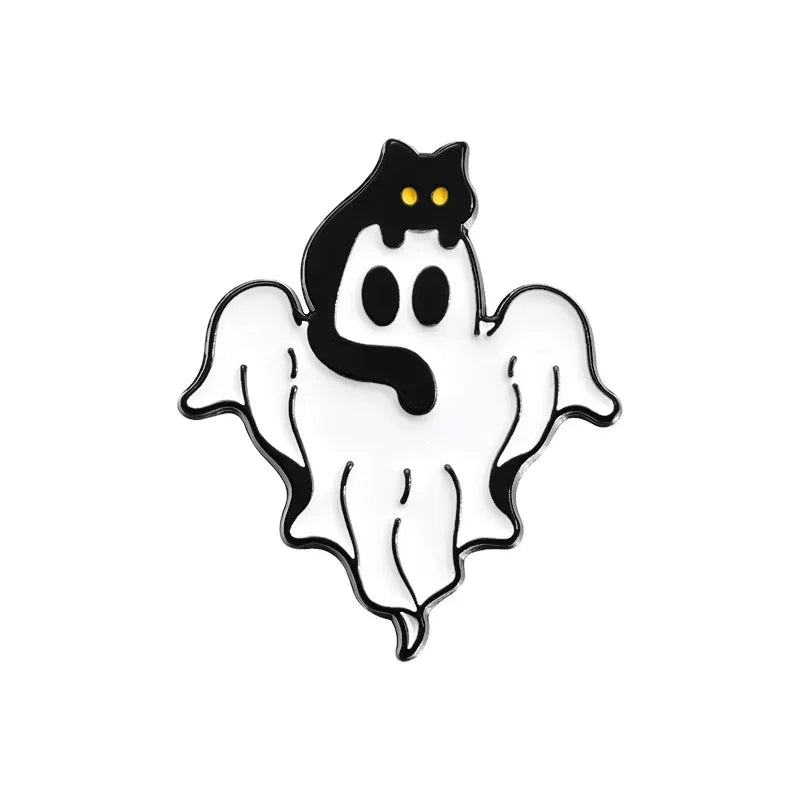 Cartoon Sunglasses Ghost Collected Enamel Pin Funny Spooky Boo With Black Cat Brooch Clothes Lapel Badge Halloween Jewelry Gifts