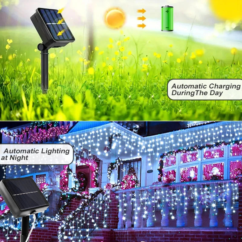 Solar LED Eaves Icicle String Lights 8 Lighting Modes Outdoor Waterproof Christmas Decorations Fairy Lights for Yard Garden