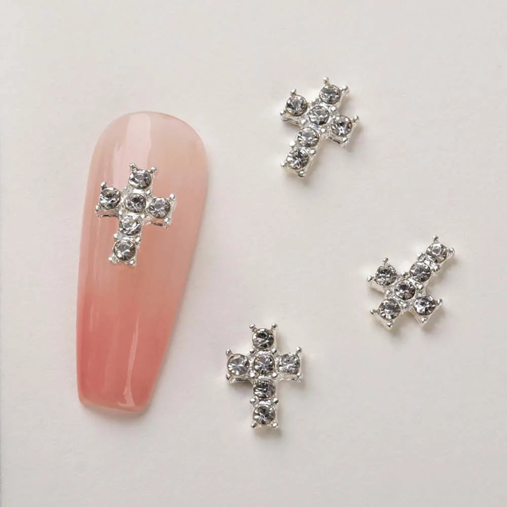 10Pcs/lot 3D Cross Alloy Nail Art Charms Silver/Black/Pink Rhinestone Christmas Halloween Diamond Jewelry Retro Punk Nail Parts