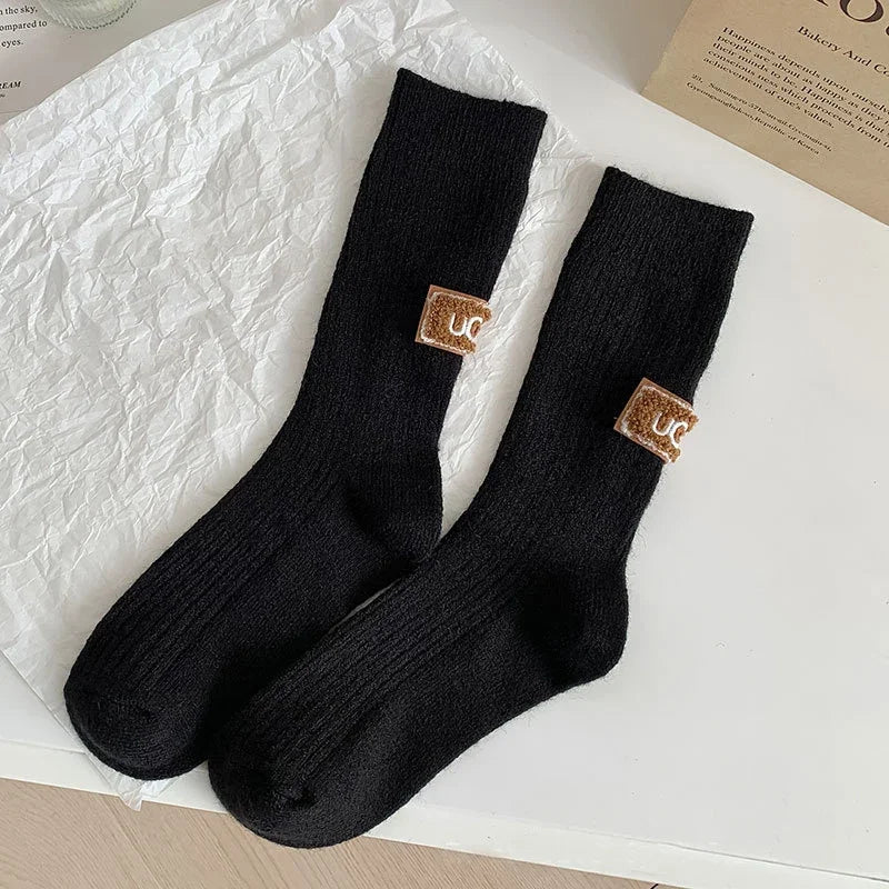 1-10Pairs Winter Thick Warm Padded Socks Solid Color Mid Calf Socks Women’s Casual Embroidered Logo Pile Socks Cold Weather Wear