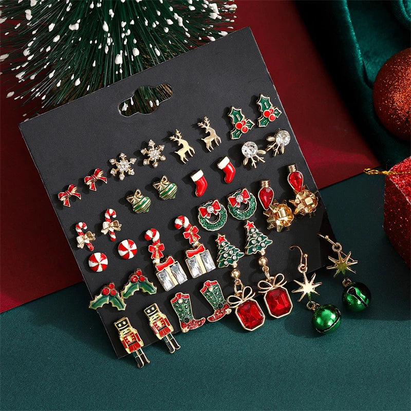 12/20 Pair Christmas Earring Set For Women Shiny Crystal Zircon Snowflake Elk Bowknot Elk Xmas Tree Earring Girl New Year Gifts