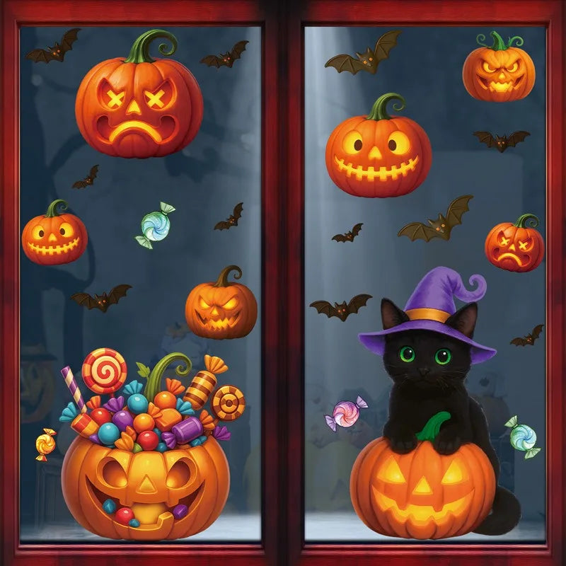 Halloween Pumpkin Window Stickers Cartoon Candy Jack-o'-lantern Static Sticker Black Cat Ghost Festival Happy Halloween Day 2025