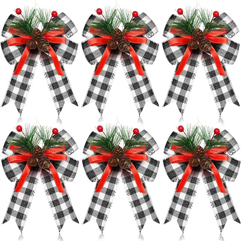 6-piece Set of Holiday Red Ribbon Bow with Pine Cones - Perfect for Christmas Trees and Holiday Decorations
