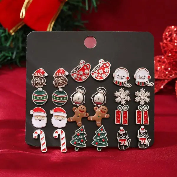 12/20 Pair Christmas Earring Set For Women Shiny Crystal Zircon Snowflake Elk Bowknot Elk Xmas Tree Earring Girl New Year Gifts