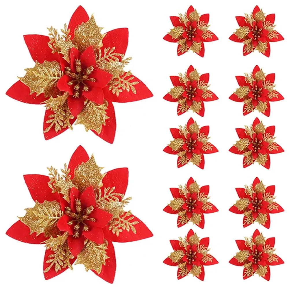 Glitter Artificial Flowers for Christmas Tree, Christmas Ornaments,Pink,Red,Gold, Xmas Decoration for Home, 14.5cm