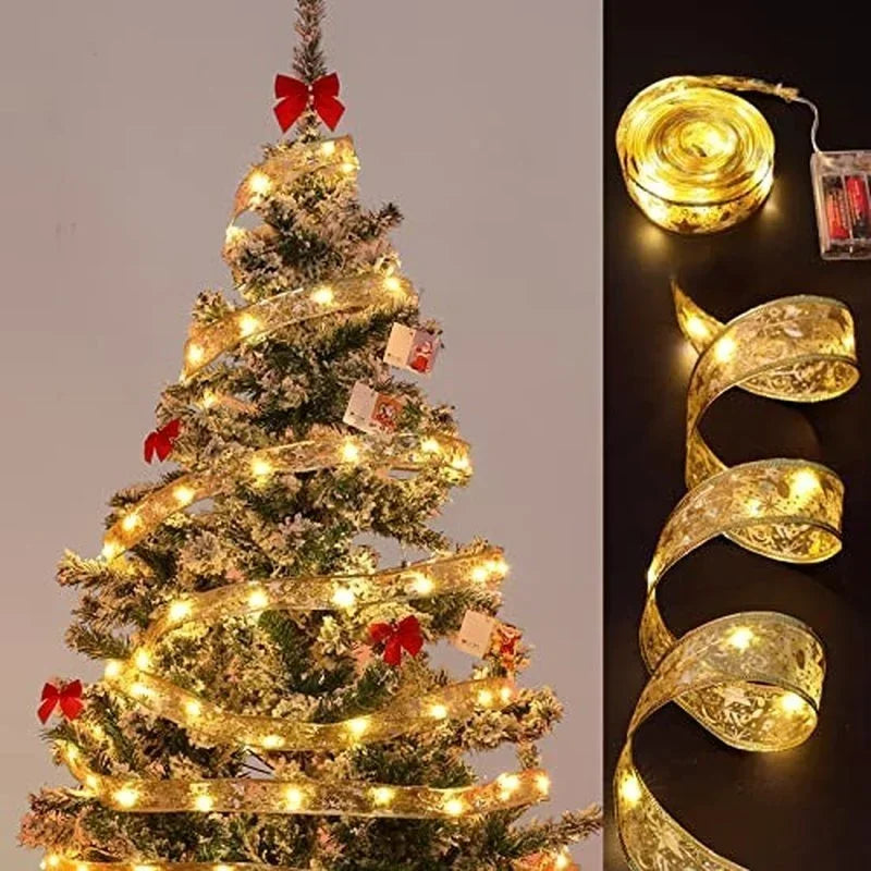 1/2/5/10M Christmas Tree Ribbon Fairy Lights, Indoor DIY Bows String Light Battery Powered for Christmas Tree New Year Decor
