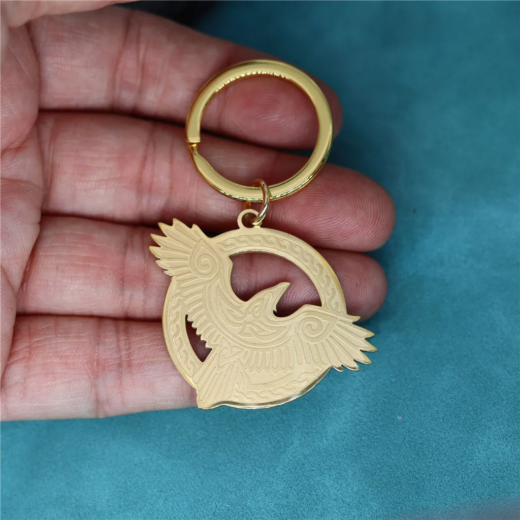 Nedar Norse Viking Key Chain Raven Magpie Crow Bird Eagle Keyring Amulet Stainless Steel Pendant Keychain Halloween Gift Jewelry