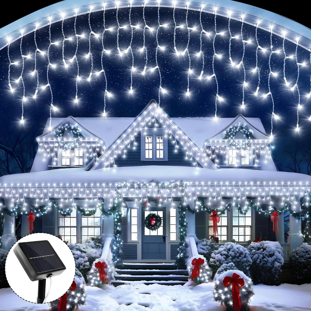 Solar LED Eaves Icicle String Lights 8 Lighting Modes Outdoor Waterproof Christmas Decorations Fairy Lights for Yard Garden