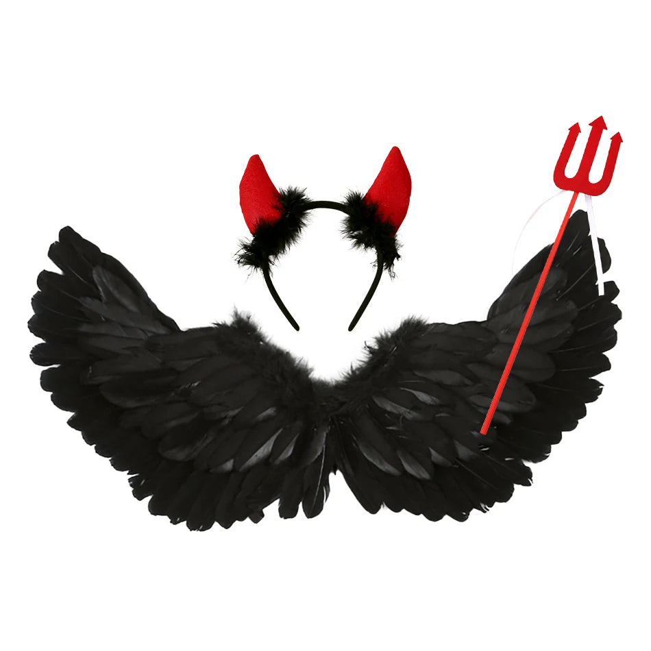 Children Adults Family Look Halloween Cosplay Holy Angel Aureole Headbands and Devil Wings Demon Horn Headwear Magic Wand Sets